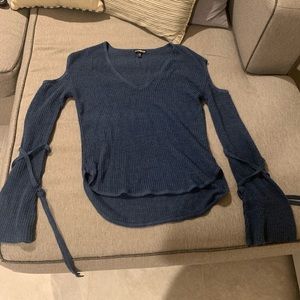 blue shoulder cut out sweater